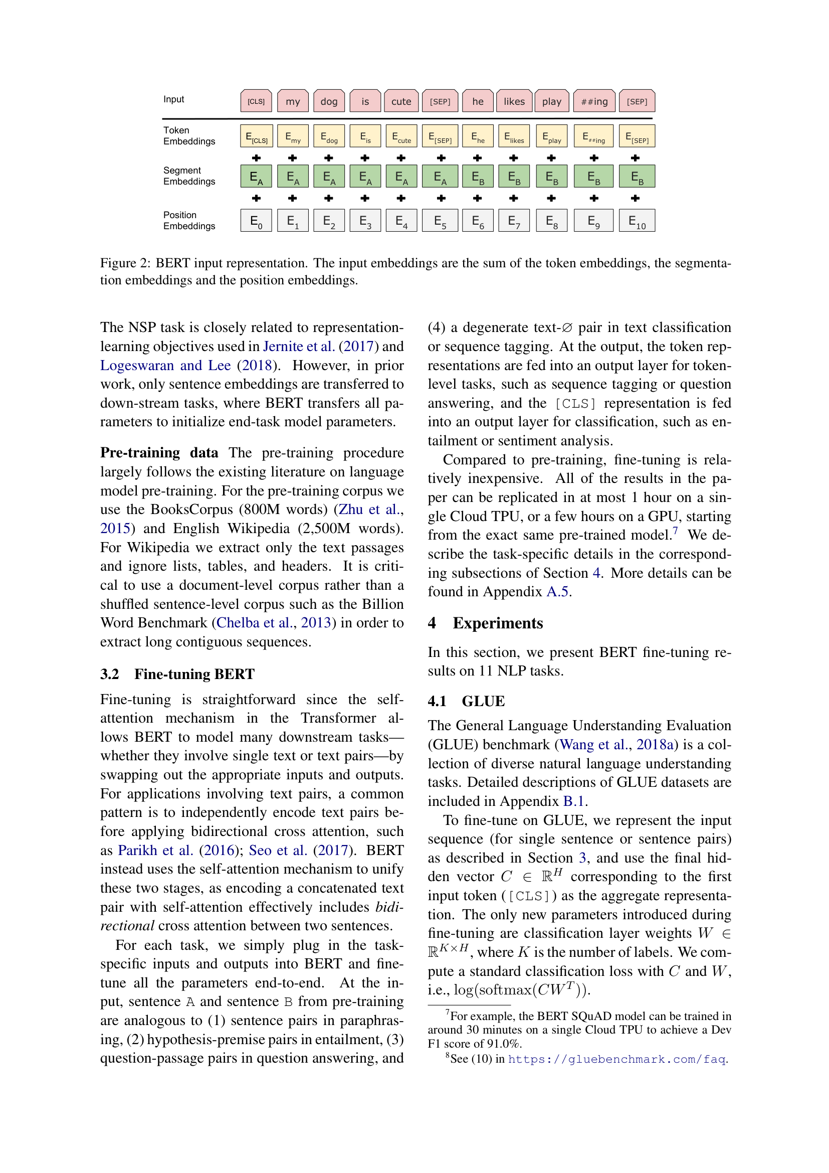 BERT input representation showing how token, segment, and position embeddings are summed element-wise for each token in the sequence (Figure 2 from the paper)
