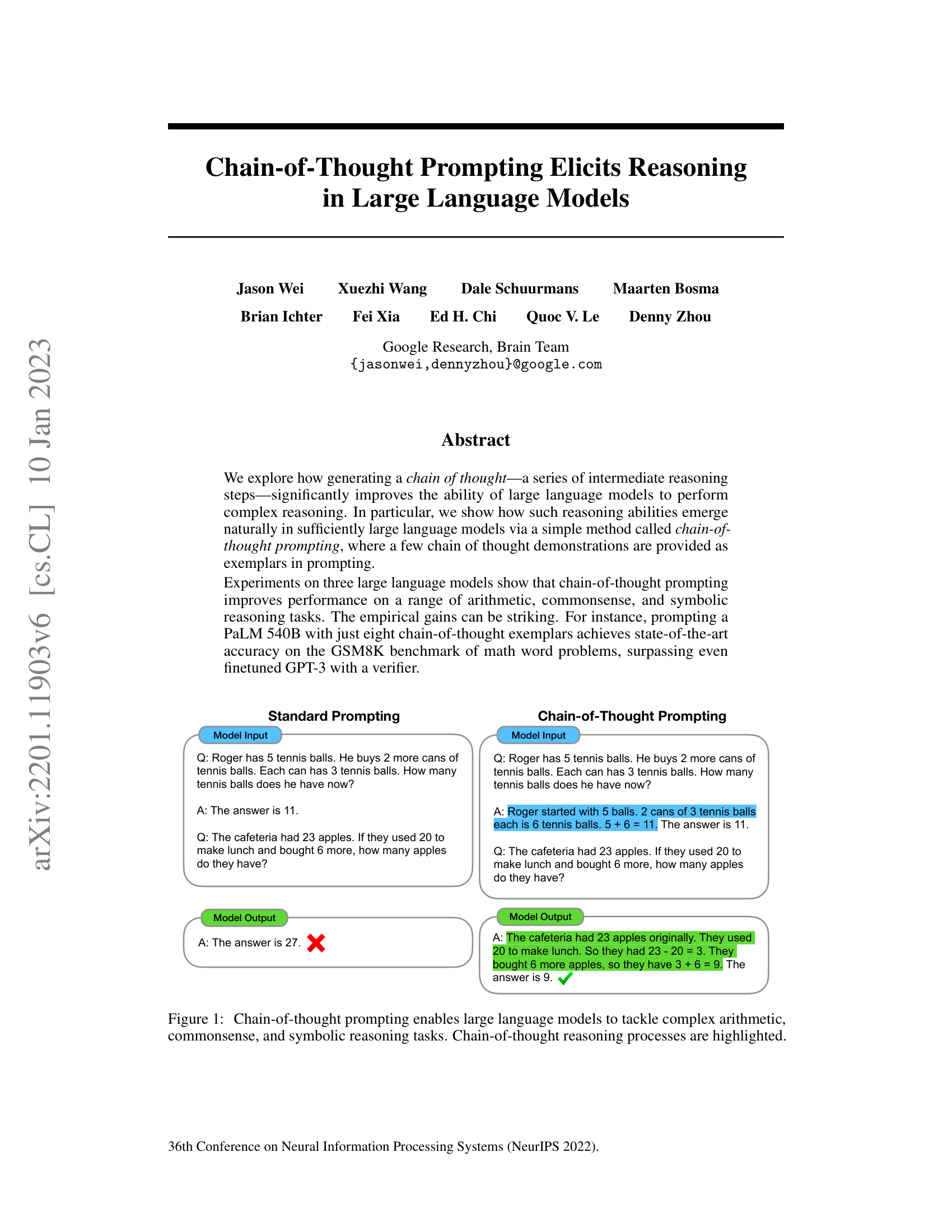 Standard prompting versus chain-of-thought prompting on a math word problem