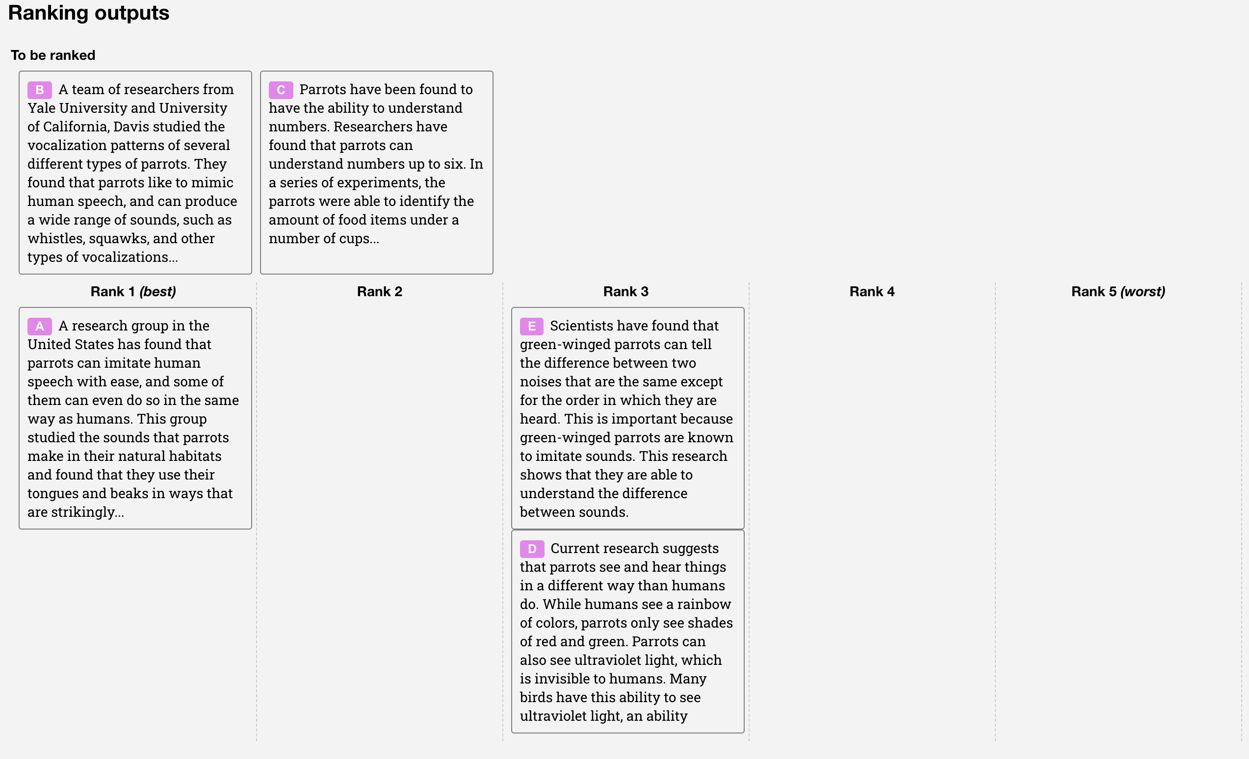 Ranking interface where labelers drag-and-drop multiple model outputs into ranked order