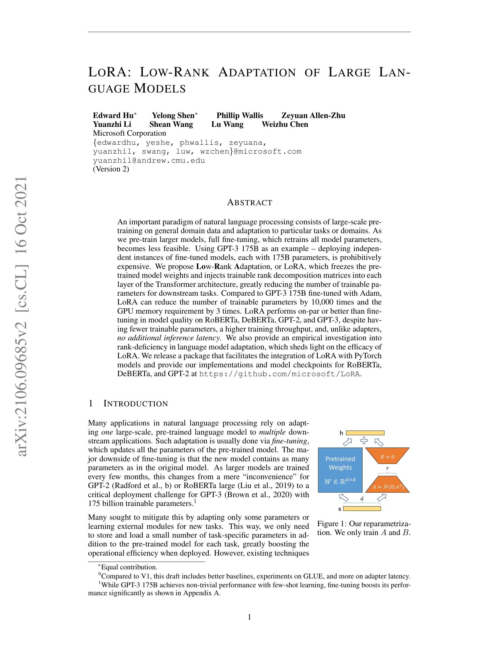 LoRA reparameterization: the pretrained weight matrix W is frozen while two small matrices A and B are trained in parallel