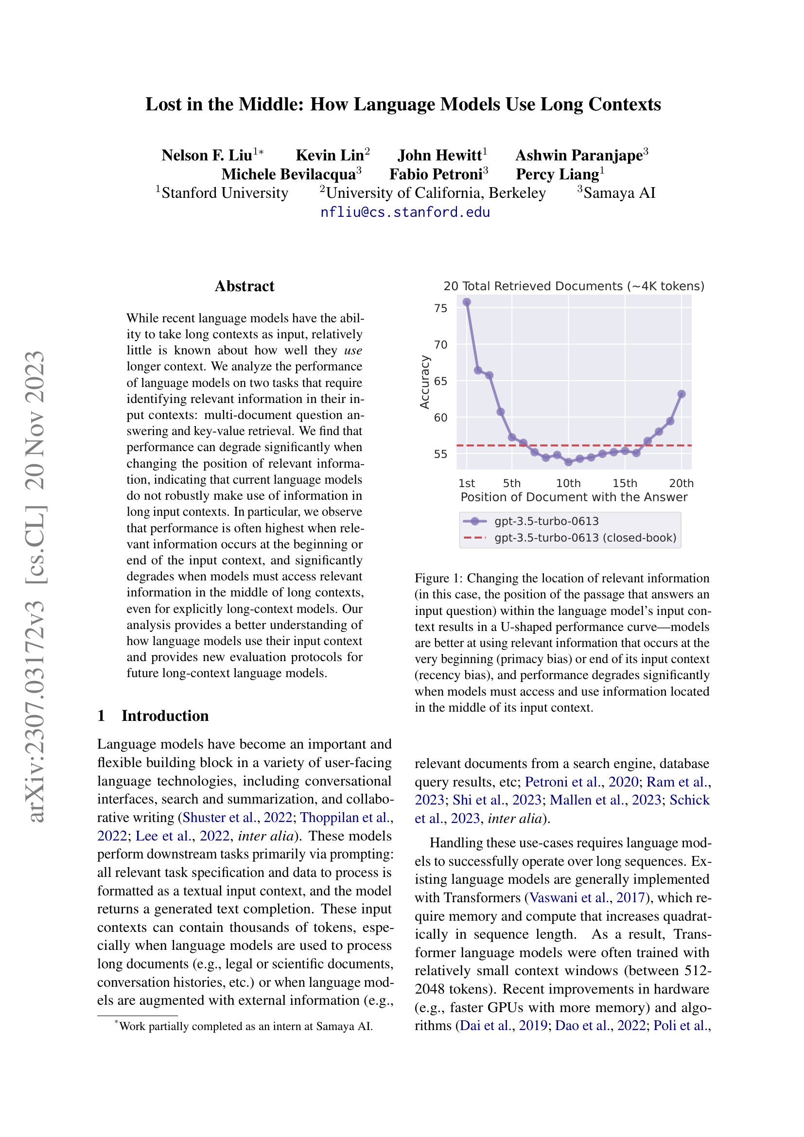 U-shaped performance curve: model accuracy is highest when relevant information is at the beginning or end of the input, and lowest when it is in the middle