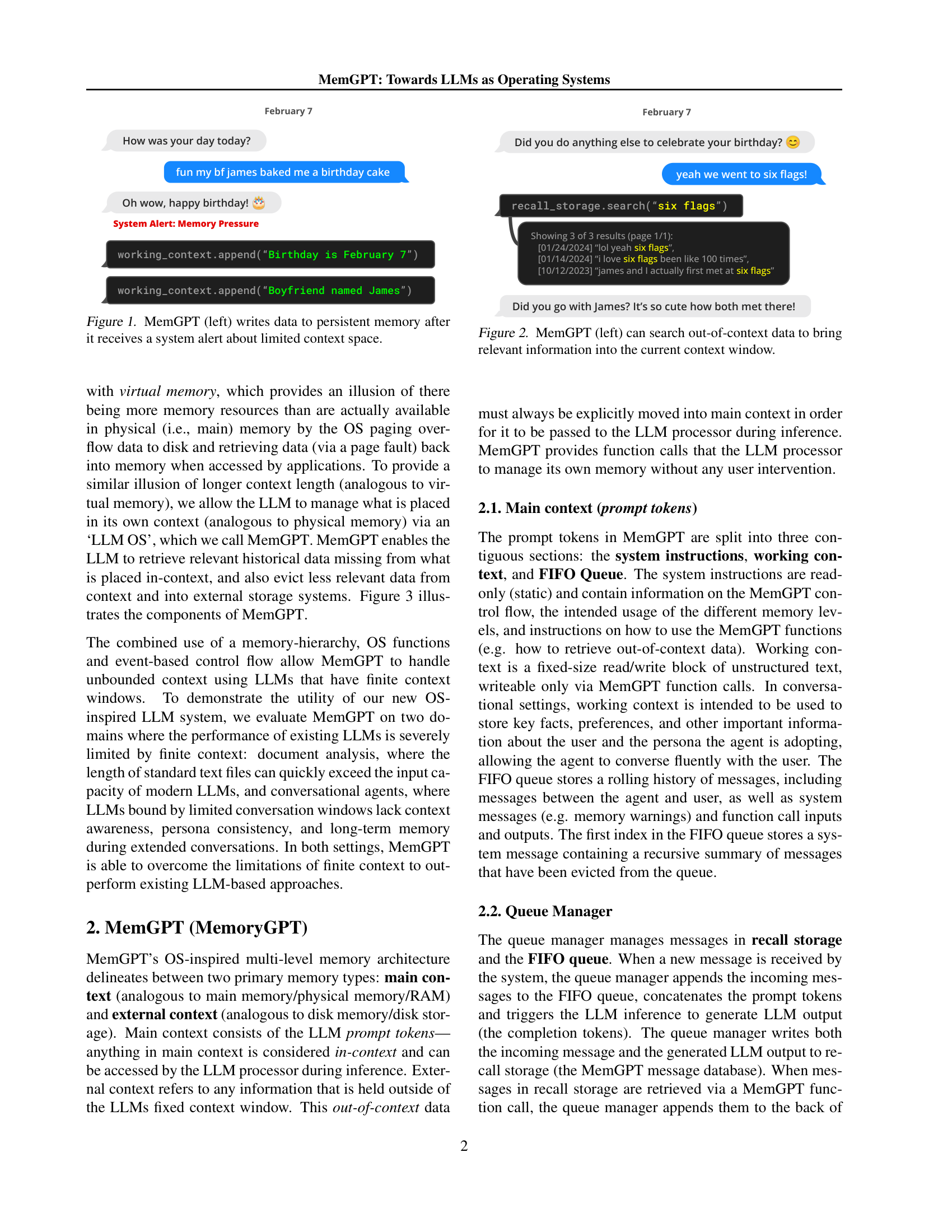 Figures 1-2 from the paper: MemGPT writing data to persistent memory after a memory pressure alert (left) and searching out-of-context data to bring relevant information into the current window (right)