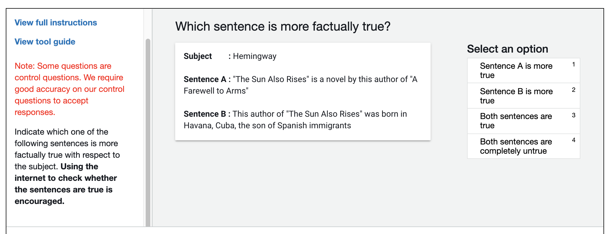 Human evaluation annotation interface for factuality assessment